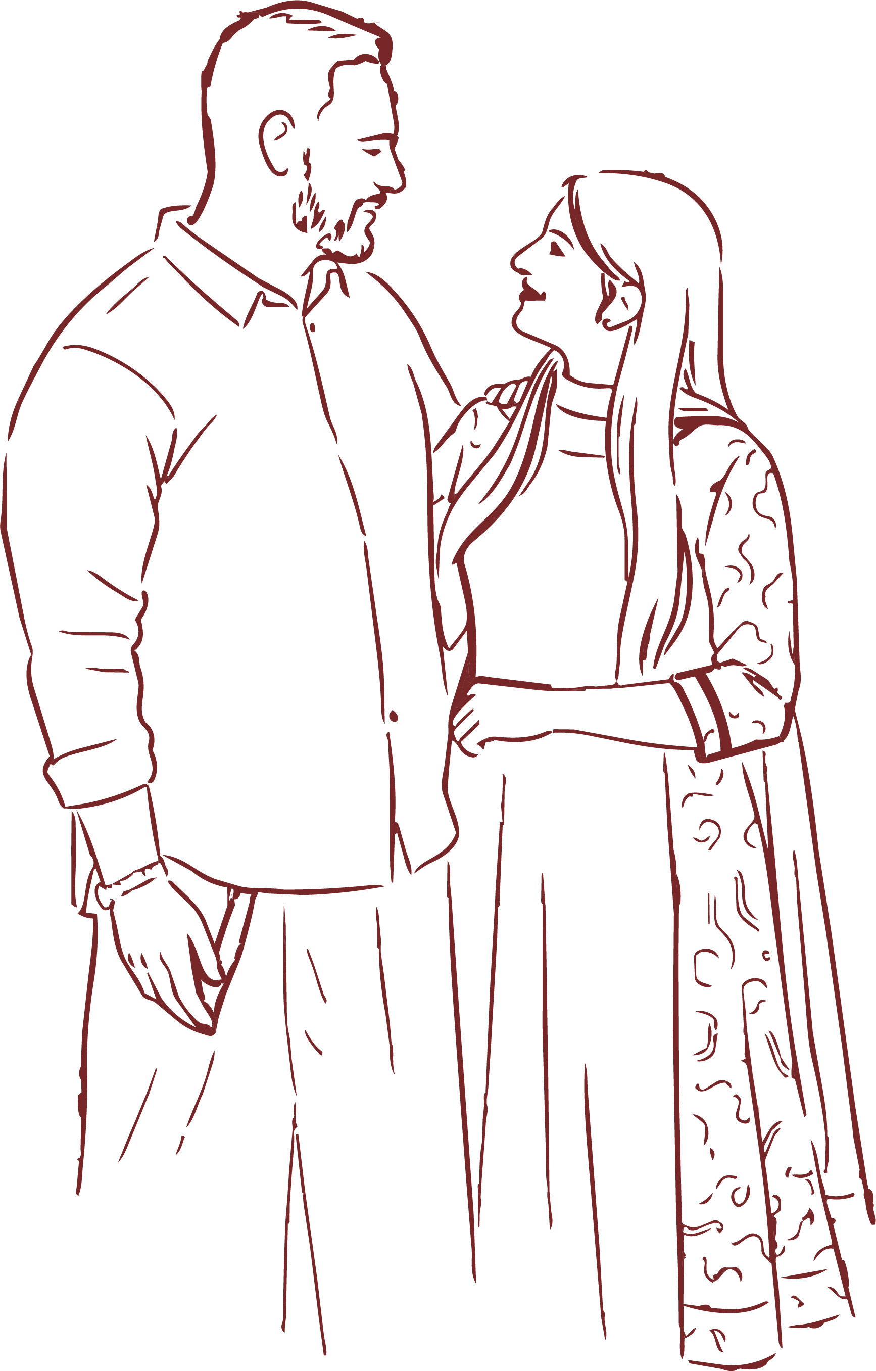 A burgundy line illustration of Alen and Angela looking at each other